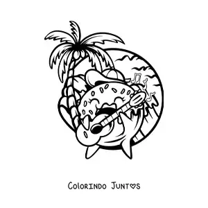Desenho para colorir de uma rosquinha animada tocando um violao na praia