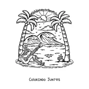 Desenho para colorir de um esqueleto humano animado tocando um violao sentado na praia