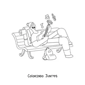 Desenho para colorir de um cantor recostado em um banco tocando o violao