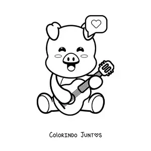 Desenho para colorir de um porquinho animado kawaii tocando um violao acustico