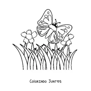 Desenho para colorir de uma borboleta voando sobre flores em um campo
