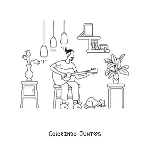 Desenho para colorir de um menino tocando o violao em casa