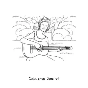 Desenho para colorir de uma menina tocando o violao em um parque