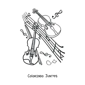Desenho para colorir de dois violinos rodeados de notas musicais