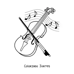 Desenho para colorir de um violino e seu arco rodeados de notas musicais