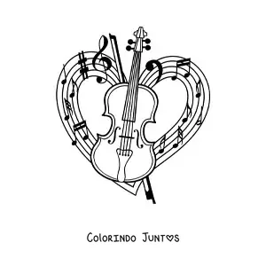 Desenho para colorir de um violino e seu arco com uma pauta em forma de coracao