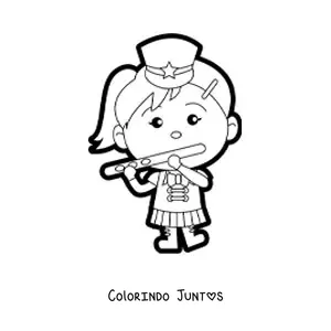 Desenho para colorir de uma menina flautista vestida com uniforme de banda marcial