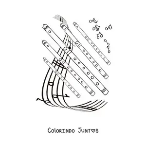 Desenho para colorir de varias flautas sobre uma pauta com notas musicais