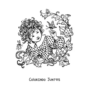 Desenho para colorir de uma menina cercada por plantas brincando com uma borboleta