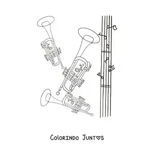 Desenho para colorir de dois trompetes junto a uma pauta com notas musicais