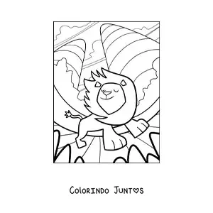 Desenho para colorir de um leao animado caminhando com a juba ao vento em uma paisagem natural