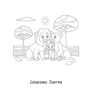 Desenho para colorir de uma familia de leoes com um leao bebe sorrindo no zoologico