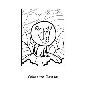Desenho para colorir de um leao animado feliz com uma grande juba redonda em seu habitat