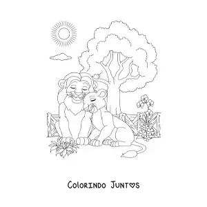 Desenho para colorir de um casal de leoes apaixonados juntos no zoologico