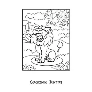 Desenho para colorir de um leao feroz rugindo em seu habitat