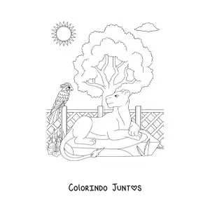 Desenho para colorir de uma leoa deitada junto a uma ave e uma arvore no zoologico