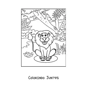 Desenho para colorir de um leao sorridente sentado em meio a vegetacao da selva