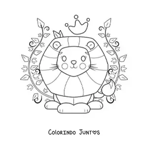 Desenho para colorir de um leao kawaii com uma coroa cercado de plantas decorativas