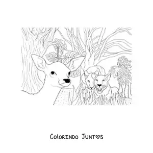 Desenho para colorir de um casal de leoes ferozes cacando um cervo na selva