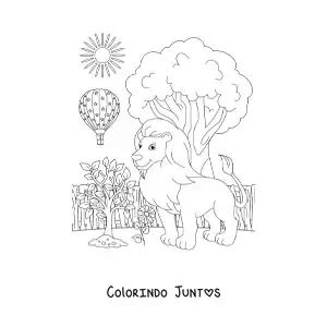 Desenho para colorir de uma paisagem de zoologico com um leao grande e um balao de ar quente