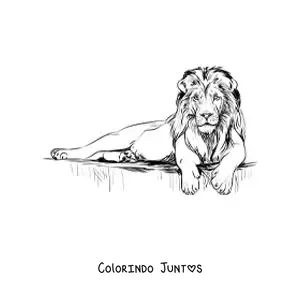 Desenho para colorir de um leao realista deitado com a cabeca erguida