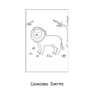 Desenho para colorir de um leao fofo e sorridente em seu habitat natural