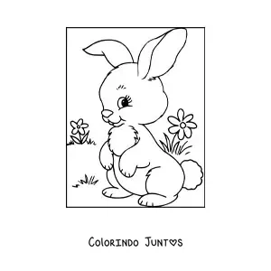 Desenho para colorir de um coelhinho fofo em um prado com flores