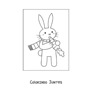 Desenho para colorir de um coelho animado com cachecol comendo uma cenoura