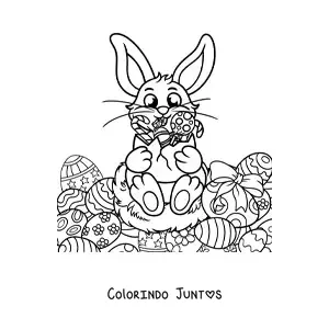 Desenho para colorir de um coelho animado segurando ovos de pascoa e cercado de ovos de pascoa