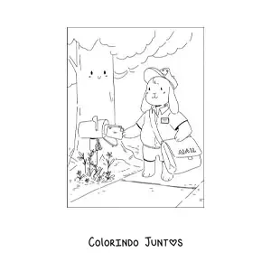 Desenho para colorir de um coelho animado vestido de carteiro colocando uma carta em uma caixa de correio