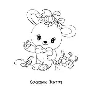 Desenho para colorir de um coelho kawaii animado cercado de flores