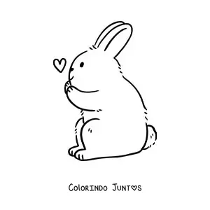Desenho para colorir de um coelho sentado de perfil com um coracao pequeno no ar