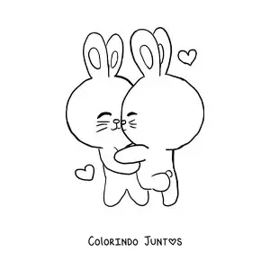 Desenho para colorir de dois coelhos fofos se abracando com coracoes flutuantes