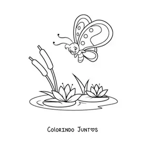 Desenho para colorir de uma borboleta animada voando em direcao a umas flores de nenufar