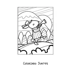 Desenho para colorir de um desenho de um coelho caminhando tocando trompete