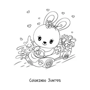 Desenho para colorir de um coelho kawaii dirigindo um carro decorado com flores