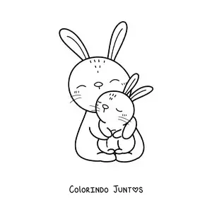 Desenho para colorir de uma mamae coelha fofa abracando seu filhote