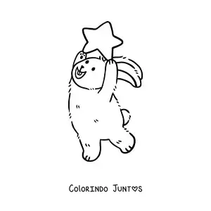Desenho para colorir de um coelho animado em duas patas segurando uma estrela sobre a cabeca
