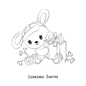 Desenho para colorir de um coelho kawaii sentado segurando um presente cercado de flores