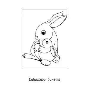 Desenho para colorir de uma mamae coelha segurando um coelho bebe nos bracos