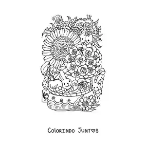 Desenho para colorir de dois coelhos animados pequenos em uma cesta de flores com um gato
