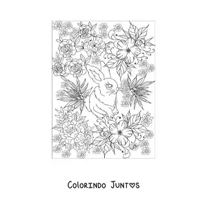 Desenho para colorir de um coelho pequeno de olhos grandes cercado de flores