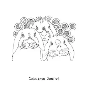 Desenho para colorir de tres coelhos realistas com um desenho de circulos com tramas ao fundo