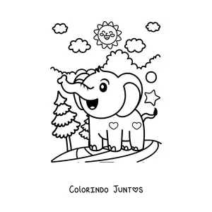 Desenho para colorir de um elefante bebe kawaii com estrelas e coracoes em uma paisagem de selva