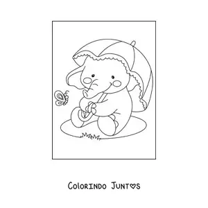 Desenho para colorir de um elefante bebe kawaii sentado sob um guarda-sol olhando uma borboleta