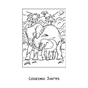 Desenho para colorir de uma mamae e um bebe elefante realista caminhando na selva