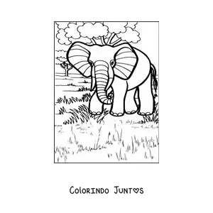 Desenho para colorir de um elefante posando em seu habitat natural