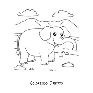 Desenho para colorir de um elefante animado caminhando na savana