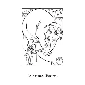 Desenho para colorir de uma menina alimentando um elefante de circo