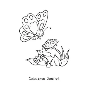 Desenho para colorir de uma borboleta animada se aproximando de duas flores